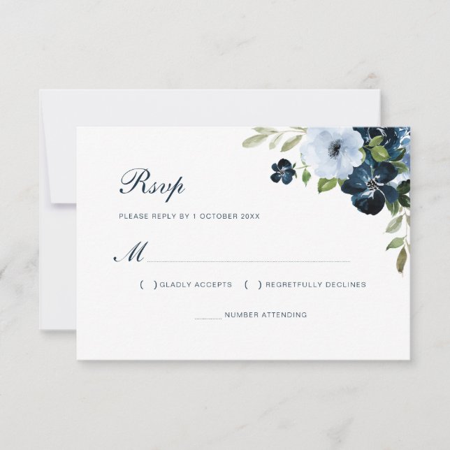 navy blue floral wedding rsvp card (Front)