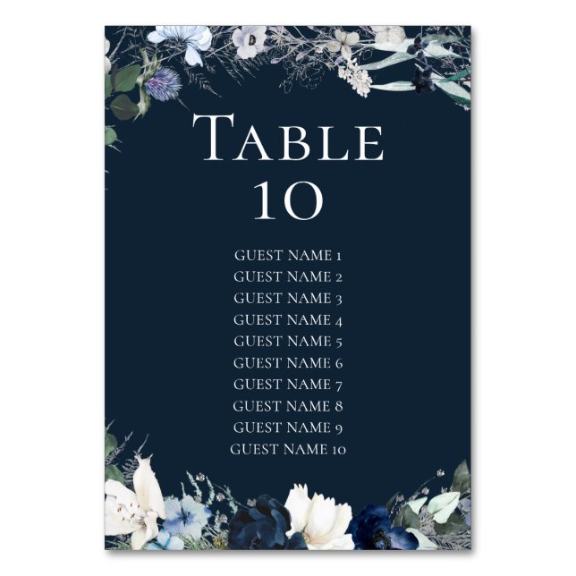 Navy Blue Floral Wedding Seating Chart Table Number (Front)