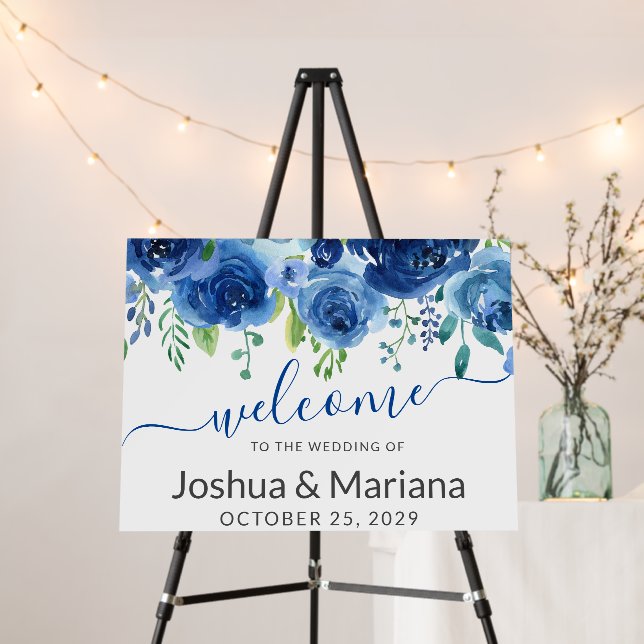 Navy Blue Floral Wedding Sign (In Situ (Stand))