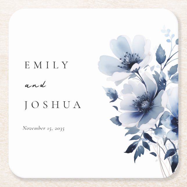 Navy Blue Floral Wedding Square Paper Coaster (Front)