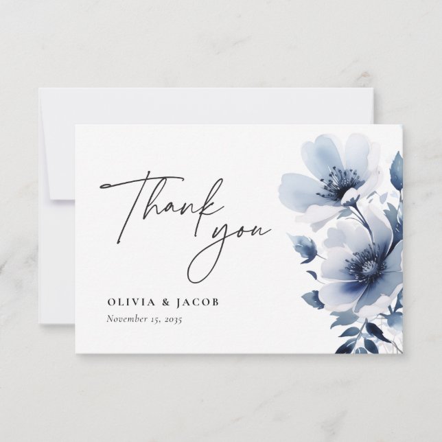 Navy Blue Floral Wedding Thank You Card (Front)