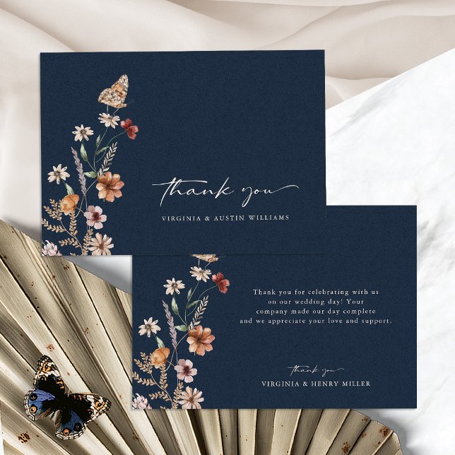Navy Blue Floral Wedding Thank You Card (Navy Blue Floral Wedding Thank You Card with Butterfly by Painted Paperie
)