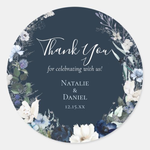 Navy Blue Floral Wedding Thank You Classic Round Sticker