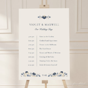 Navy Blue Floral Wedding Timeline Sign