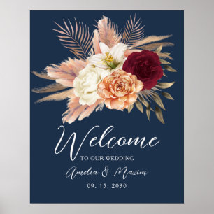 Navy Blue Floral Wedding Welcome Poster