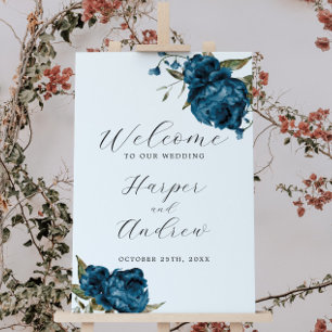 Navy Blue Floral Wedding Welcome Sign
