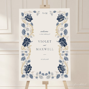 Navy Blue Floral Wedding Welcome Sign 18x24