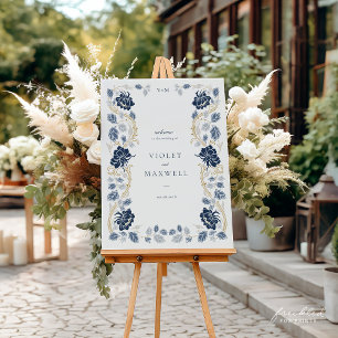 Navy Blue Floral Wedding Welcome Sign 24x36