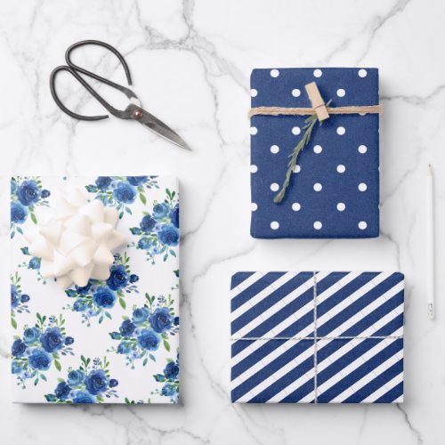 Navy Blue Floral Wedding Wrapping Paper Sheets