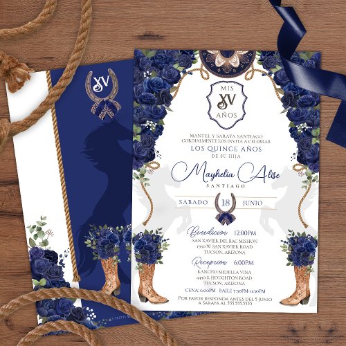 Navy Blue Floral Western Charro Quinceaera Invitation