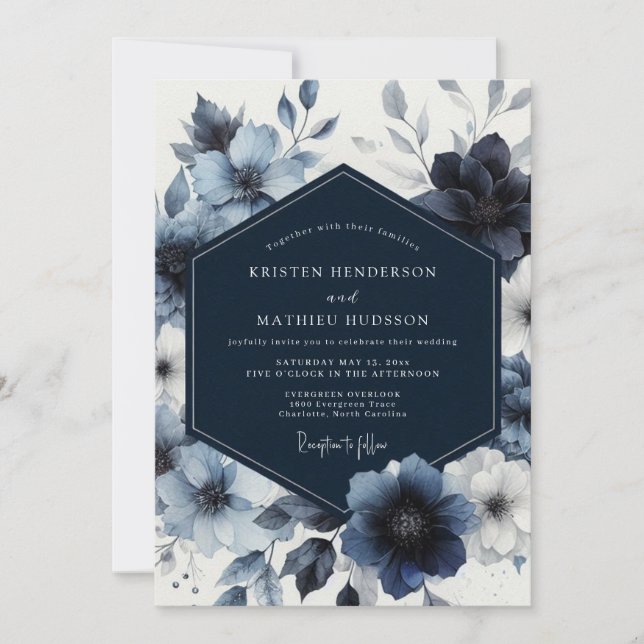 Navy Blue Floral Whimsy Wedding Invitation (Front)