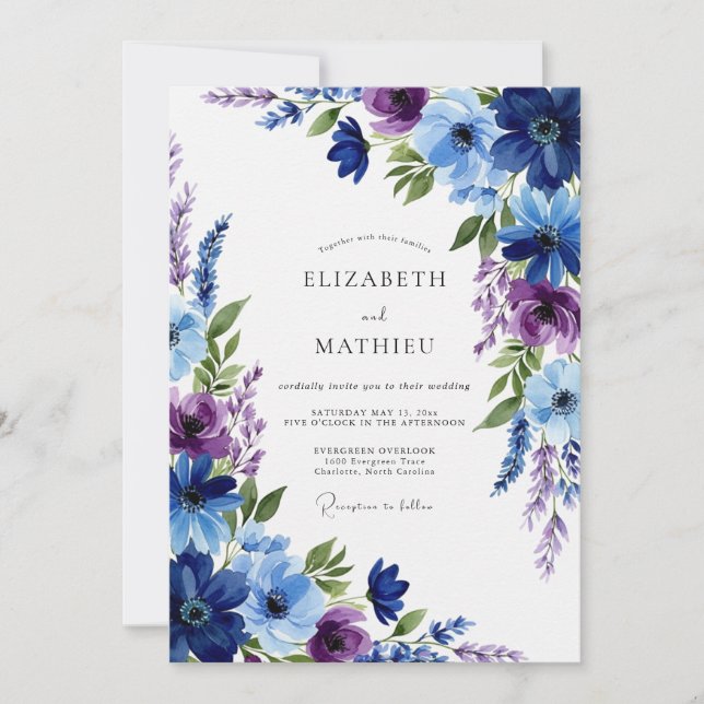 Navy Blue Floral Whimsy Wedding Invitation (Front)