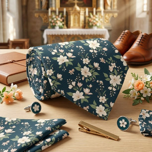 Navy Blue Floral White Blossom Neck Tie