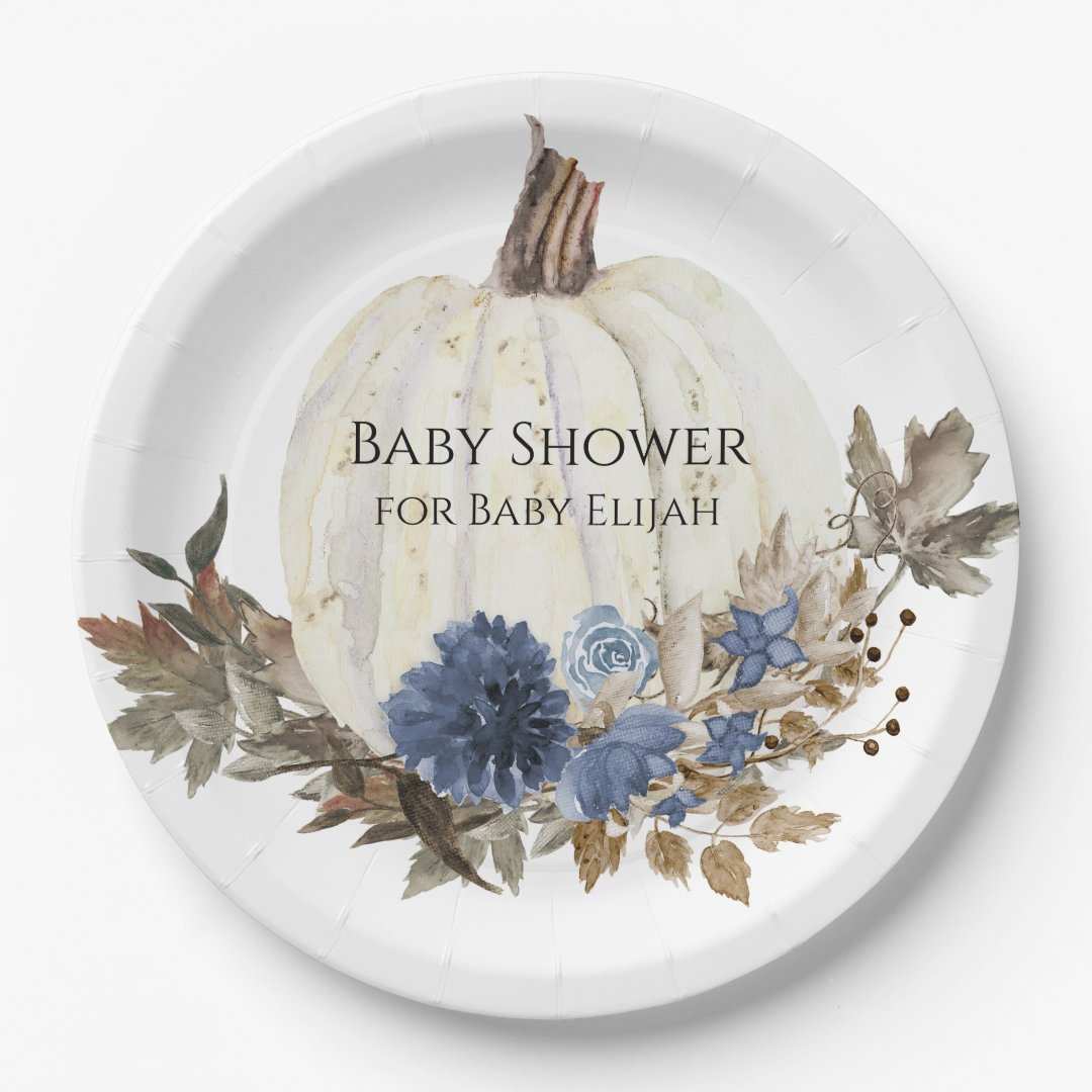 Navy Blue Floral White Pumpkin Baby Boy Shower Paper Plates Zazzle