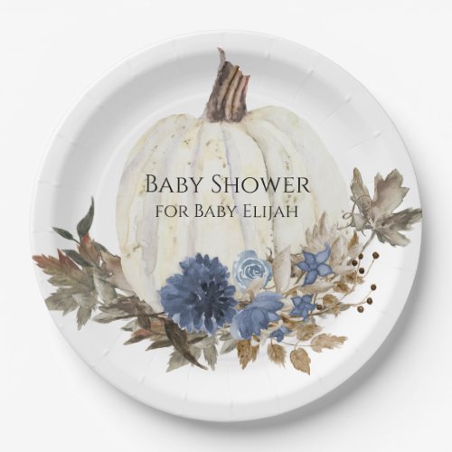 Navy Blue Floral White Pumpkin Baby Boy Shower Paper Plates