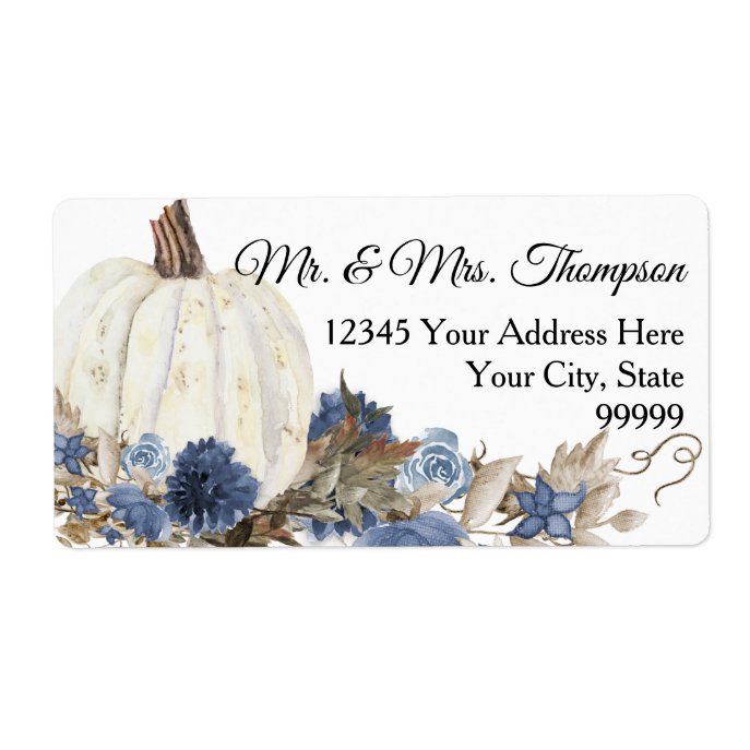 Navy Blue Floral White Pumpkin Return Address Label