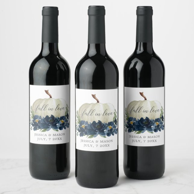 Navy Blue Floral White Pumpkin Wine Labels (Bottles)