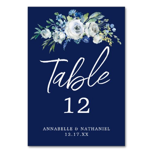 Navy Blue Floral White Script Elegant Winter Table Number