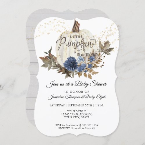 Navy Blue Floral White Wood w Pumpkin Baby Shower Invitation