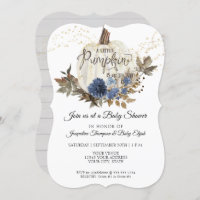 Navy Blue Floral White Wood w Pumpkin Baby Shower Invitation