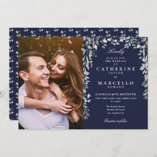 Navy Blue Floral Wildflowers Cascade Photo Wedding Invitation