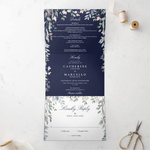 Navy Blue Floral Wildflowers Photo Wedding Tri_Fold Invitation