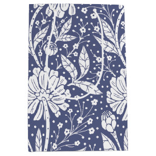 Navy Blue Floral William Morris Style Medium Gift Bag
