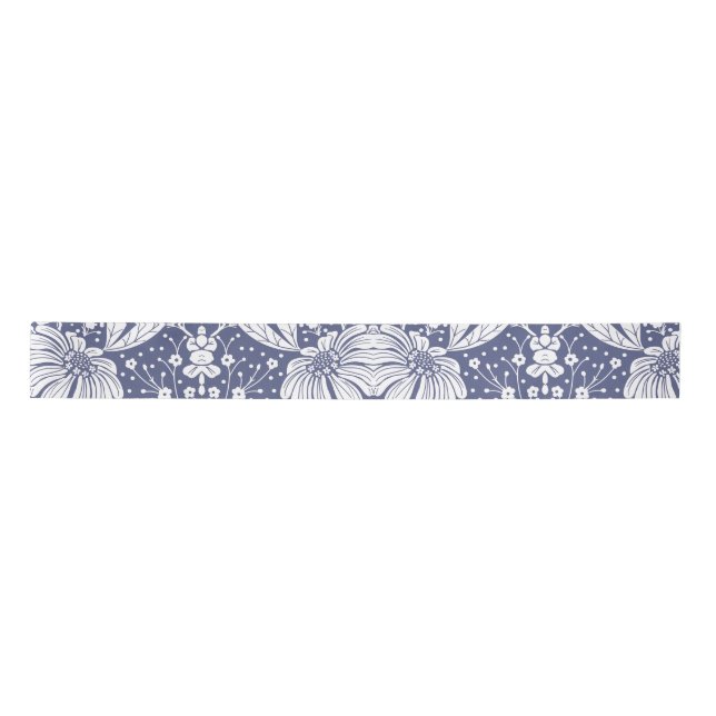 Navy Blue Floral William Morris Style Satin Ribbon (Front)