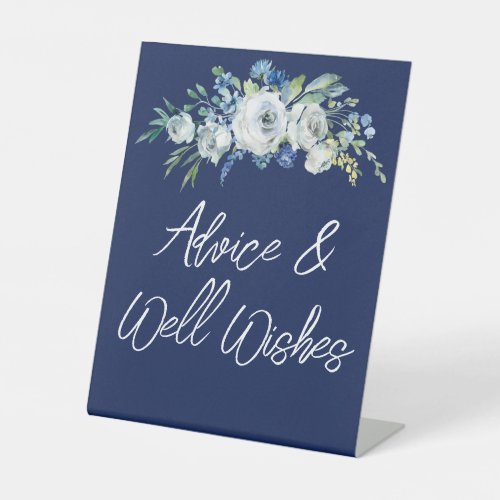 Navy Blue Floral Winter Wedding Advice Well Wishes Pedestal Sign