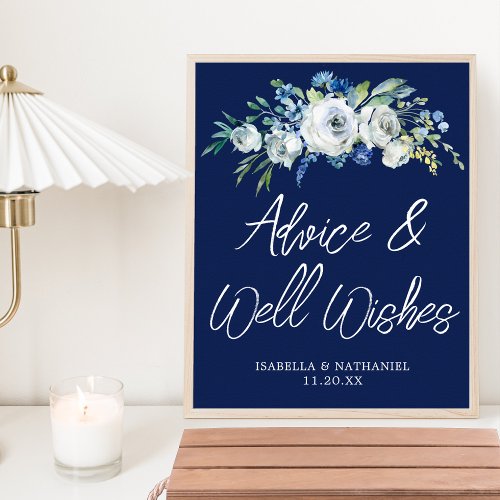 Navy Blue Floral Winter Wedding Advice Well Wishes Poster