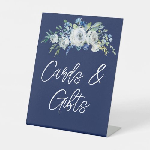 Navy Blue Floral Winter Wedding Cards Gifts Table Pedestal Sign