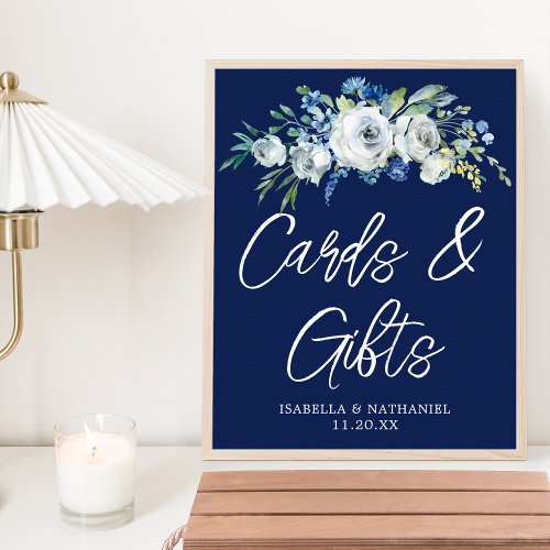 Navy Blue Floral Winter Wedding Cards Gifts Table Poster