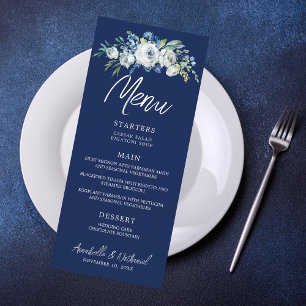 Navy Blue Floral Winter Wedding Dinner Menu