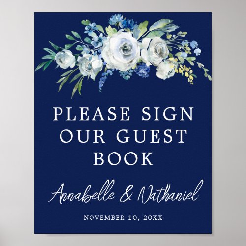 Navy Blue Floral Winter Wedding Guest Book Poster