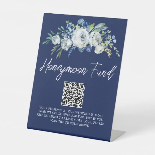 Navy Blue Floral Winter Wedding Honeymoon Fund Pedestal Sign