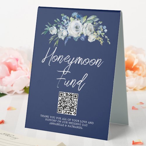 Navy Blue Floral Winter Wedding Honeymoon Fund Table Tent