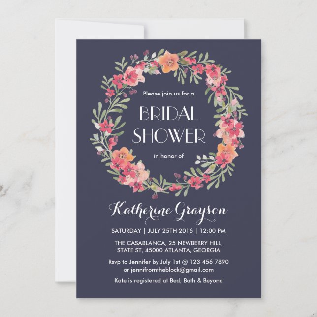 Navy Blue Floral Wreath Bridal Shower Invitation (Front)