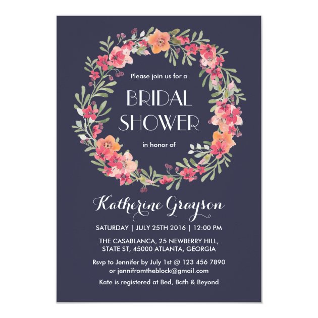 Navy Blue Floral Wreath Bridal Shower Invitation