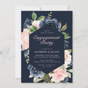 Navy blue floral wreath engagement party invitation