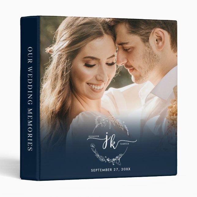 Navy Blue Floral Wreath Monogram Photo Wedding 3 Ring Binder (Front/Spine)