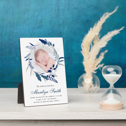 Navy Blue Floral Wreath Photo Birth Announcement Plaque