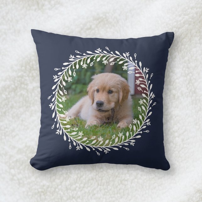 Navy Blue Floral Wreath Puppy Dog Photo Throw Pillow (Creator Uploaded)