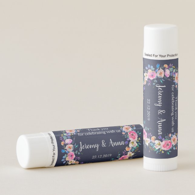 Navy Blue Floral Wreath Thank You Wedding Lip Balm (Front)