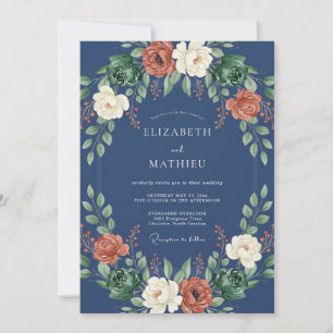 Navy Blue Floral Wreath Wedding Invitation