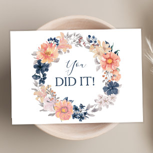 Navy Blue Floral Wreath You Did It Congratulations Card