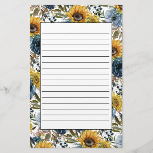 Navy Blue Floral Yellow Sunflowers White Lined Stationery