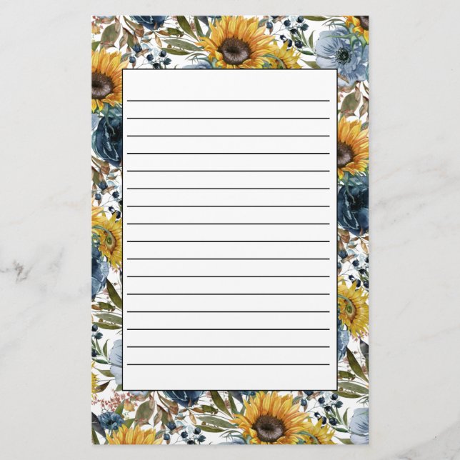 Navy Blue Floral Yellow Sunflowers White Lined Stationery (Front)
