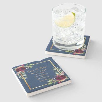 Navy Blue Florals Burgundy Save The Date Wedding Stone Coaster by Thunes at Zazzle