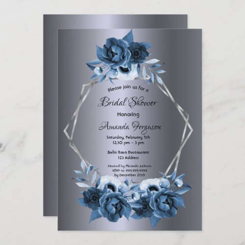 Navy Blue florals dark silver bridal shower Invitation