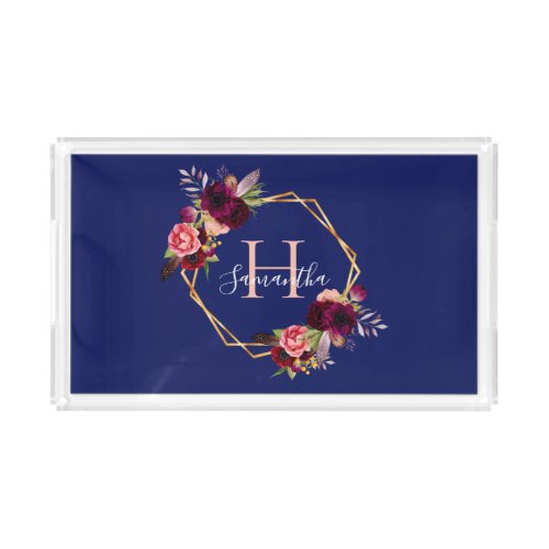 Navy blue florals geometric burgundy monogrammed acrylic tray